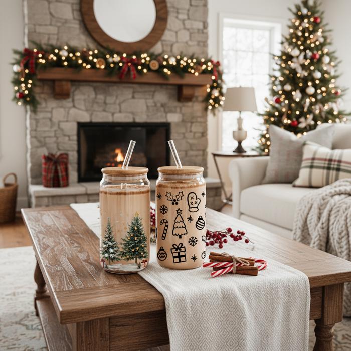 Christmas Glass Tumbler Set 2pk, Modern Cute Holiday Home Decor & Gift Ideas, Glass Coffee Cups with Wood lid and Straws | Glitter Sequin Christmas Cups