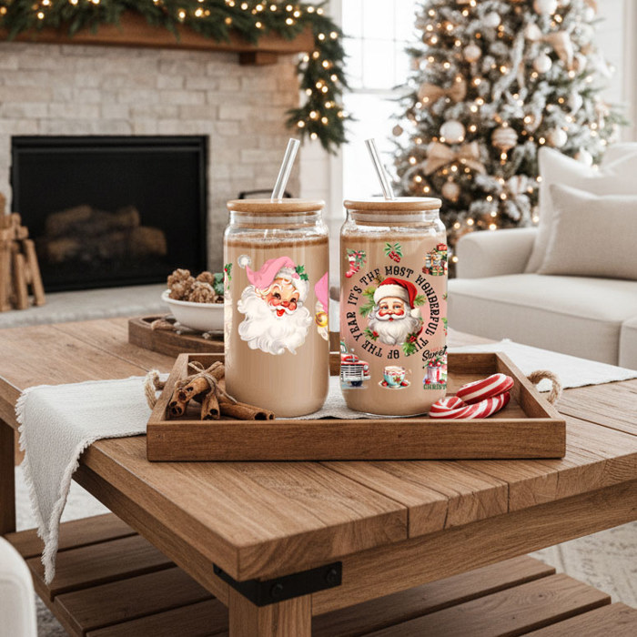Christmas Kitchen Gifts & Holiday Drinkware Set, 2 Glass Tumblers of Choice, Christmas Glass Coffee Cups with Lid & Straws, Cute, Modern, Funny 