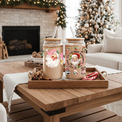 Vintage Santa Christmas Tumblers | Vintage Classic Holiday Glass Tumbler Set | 2 Pack Bundle of Glass Coffee Cups with Lid & Straw | Traditional Santa Claus