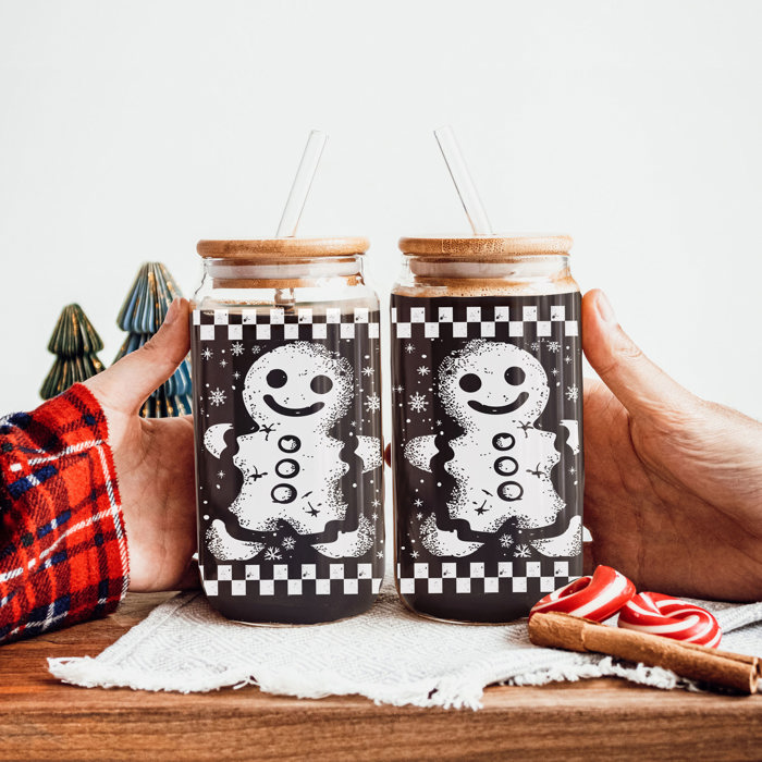 Christmas Glass Tumbler Set 2pk, Modern Cute Holiday Home Decor & Gift Ideas, Glass Coffee Cups with Wood lid and Straws | Glitter Sequin Christmas Cups