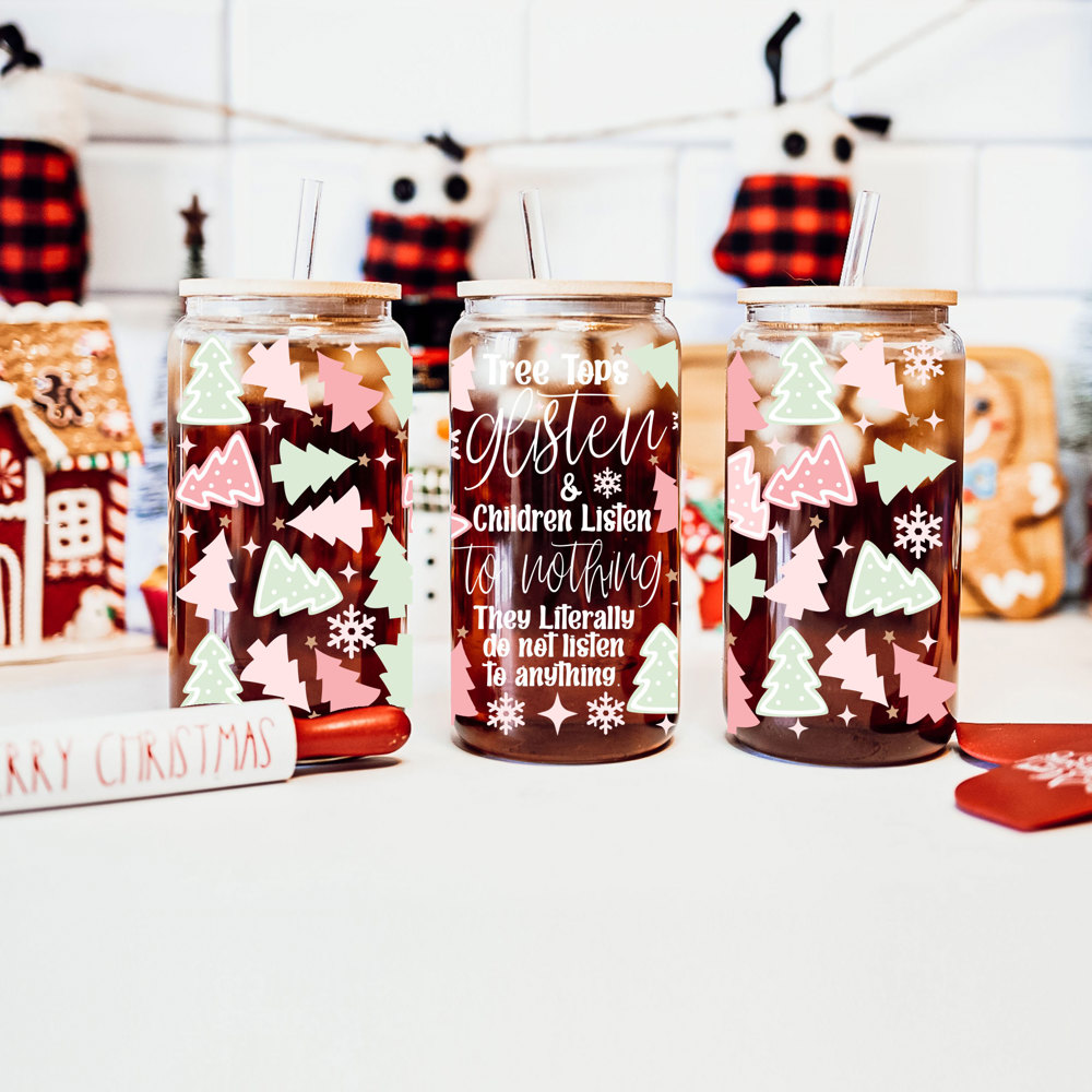 Christmas Glass Cups with Bamboo Lid & Straws, Funny Coffee Mug Gifts