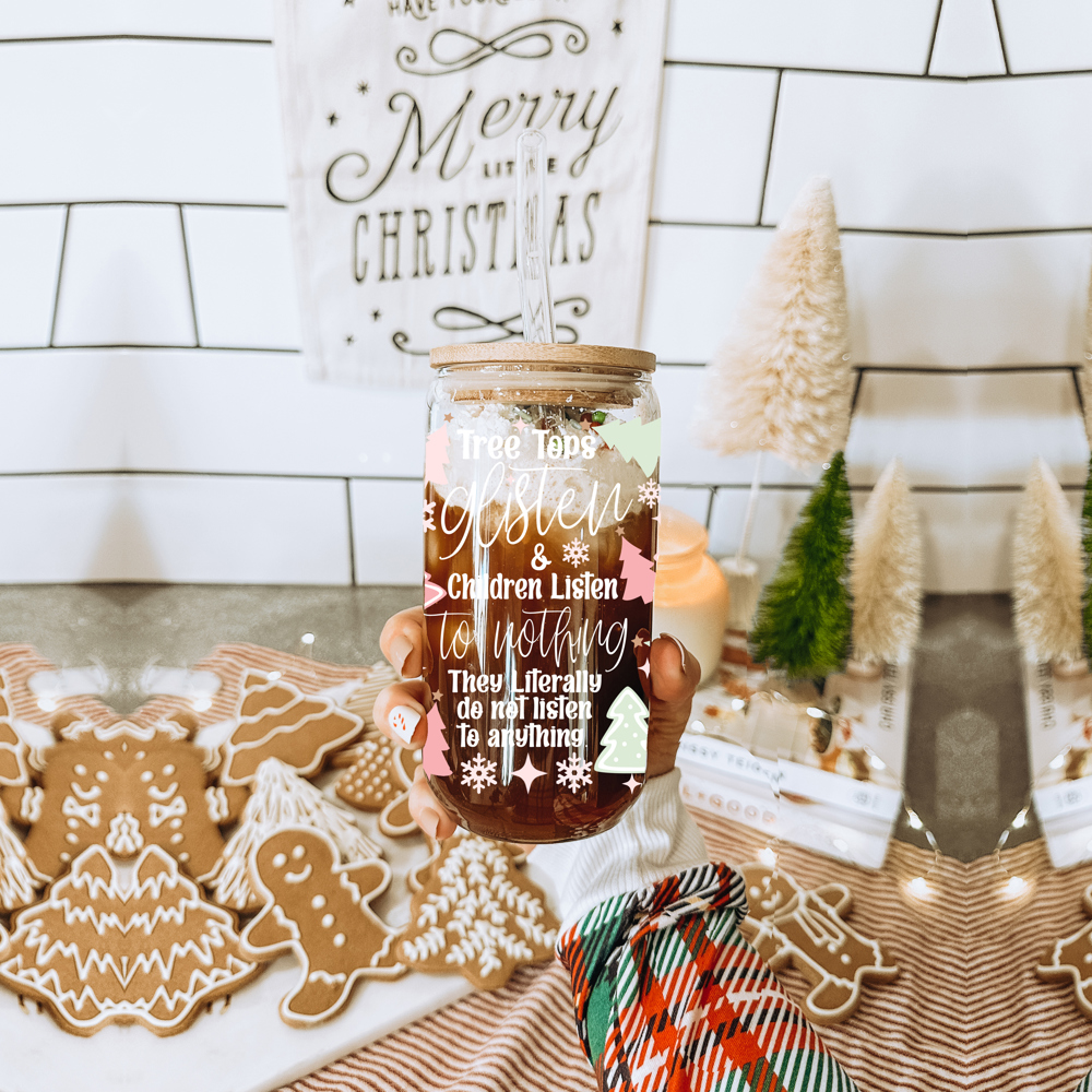 Christmas Glass Cups with Bamboo Lid & Straws, Funny Coffee Mug Gifts