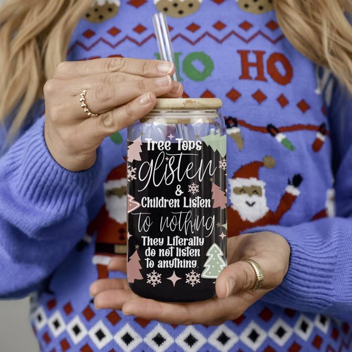 Christmas Kitchen Gifts & Holiday Drinkware Set, 2 Glass Tumblers of Choice, Christmas Glass Coffee Cups with Lid & Straws, Cute, Modern, Funny 