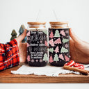 Tree Tops Glisten Christmas Glass Tumbler Set 2pk, Modern Cute Holiday Home Decor & Gift Ideas, Glass Coffee Cups with Wood lid and Straws | Glitter Sequin Christmas Cups