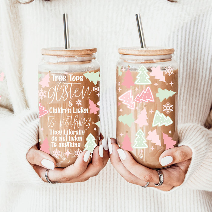 Christmas Glass Tumbler Set 2pk, Modern Cute Holiday Home Decor & Gift Ideas, Glass Coffee Cups with Wood lid and Straws | Glitter Sequin Christmas Cups