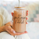 Every Great Mom Christmas Glass Cups with Bamboo Lid & Straws, Funny Coffee Mug Gifts