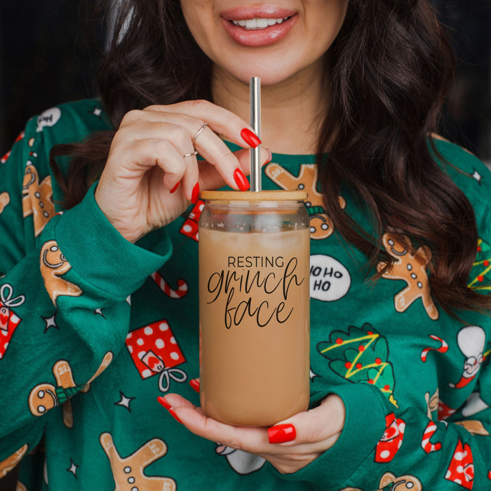 Christmas Glass Tumbler Set 2pk, Modern Cute Holiday Home Decor & Gift Ideas, Glass Coffee Cups with Wood lid and Straws | Glitter Sequin Christmas Cups