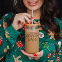  Christmas Glass Tumbler Set 2pk, Modern Cute Holiday Home Decor & Gift Ideas, Glass Coffee Cups with Wood lid and Straws | Glitter Sequin Christmas Cups