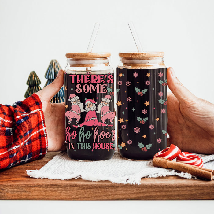 Christmas Glass Tumbler Set 2pk, Modern Cute Holiday Home Decor & Gift Ideas, Glass Coffee Cups with Wood lid and Straws | Glitter Sequin Christmas Cups
