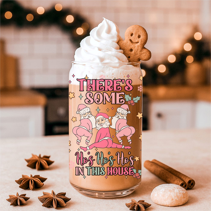 Christmas Kitchen Gifts & Holiday Drinkware Set, 2 Glass Tumblers of Choice, Christmas Glass Coffee Cups with Lid & Straws, Cute, Modern, Funny 