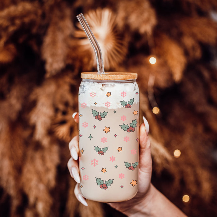 Christmas Glass Tumbler Set 2pk, Modern Cute Holiday Home Decor & Gift Ideas, Glass Coffee Cups with Wood lid and Straws | Glitter Sequin Christmas Cups