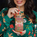  Christmas Glass Tumbler Set 2pk, Modern Cute Holiday Home Decor & Gift Ideas, Glass Coffee Cups with Wood lid and Straws | Glitter Sequin Christmas Cups