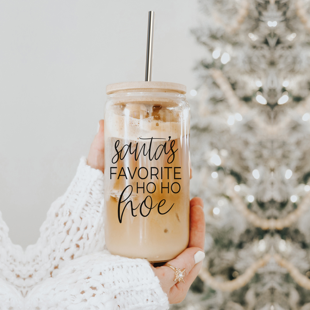 Christmas Glass Cups with Bamboo Lid & Straws, Funny Coffee Mug Gifts