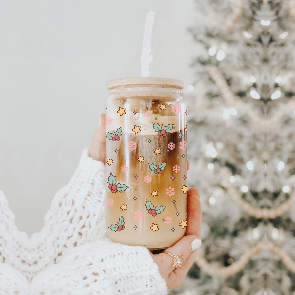 Christmas Glass Cups with Bamboo Lid & Straws, Funny Coffee Mug Gifts