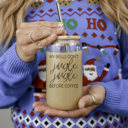 Jingle Jingle Christmas Glass Tumbler Set 2pk, Modern Cute Holiday Home Decor & Gift Ideas, Glass Coffee Cups with Wood lid and Straws | Glitter Sequin Christmas Cups