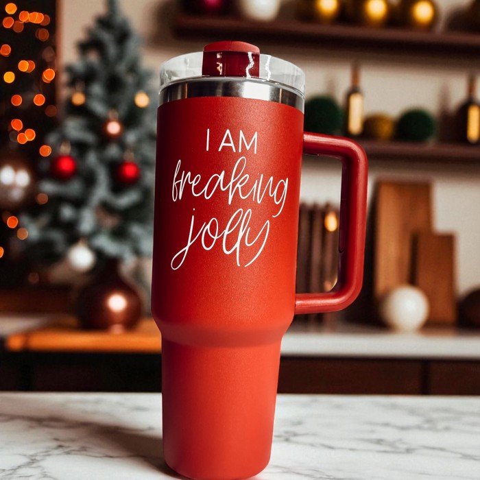 Christmas Tumbler Gifts Funny, 40oz Holiday Tumblers with Handle, Lid & Reusable Straw | Modern 40 oz Red or Green Travel Mugs | Mom Humor Gift Ideas