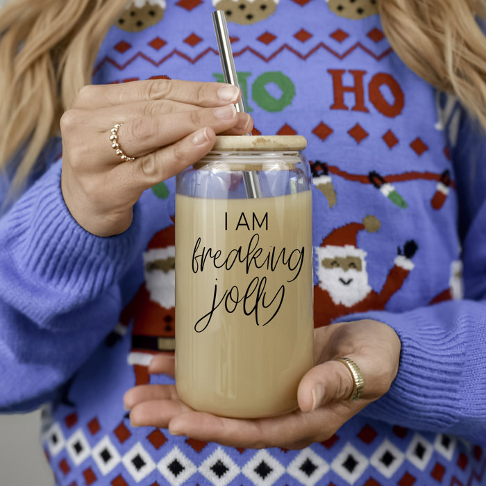 Christmas Glass Tumbler Set 2pk, Modern Cute Holiday Home Decor & Gift Ideas, Glass Coffee Cups with Wood lid and Straws | Glitter Sequin Christmas Cups