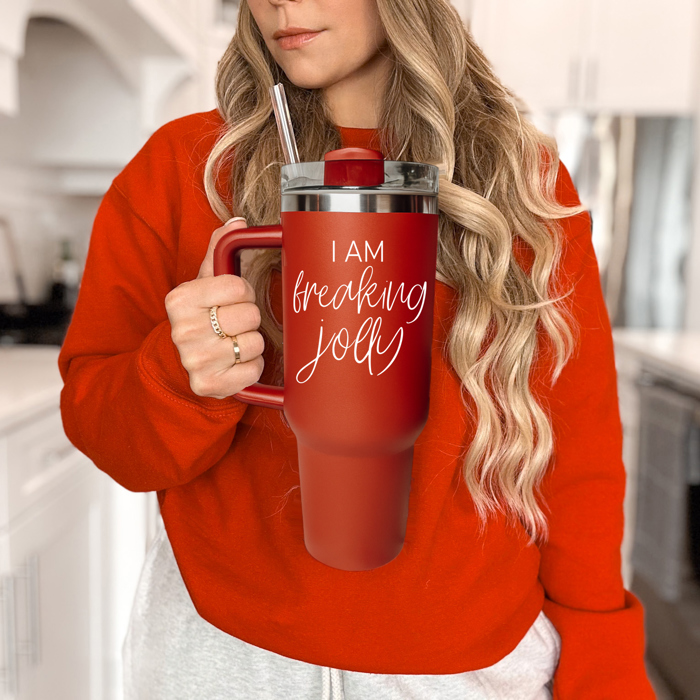 Christmas Tumbler Gifts Funny, 40oz Holiday Tumblers with Handle, Lid & Reusable Straw | Modern 40 oz Red or Green Travel Mugs | Mom Humor Gift Ideas