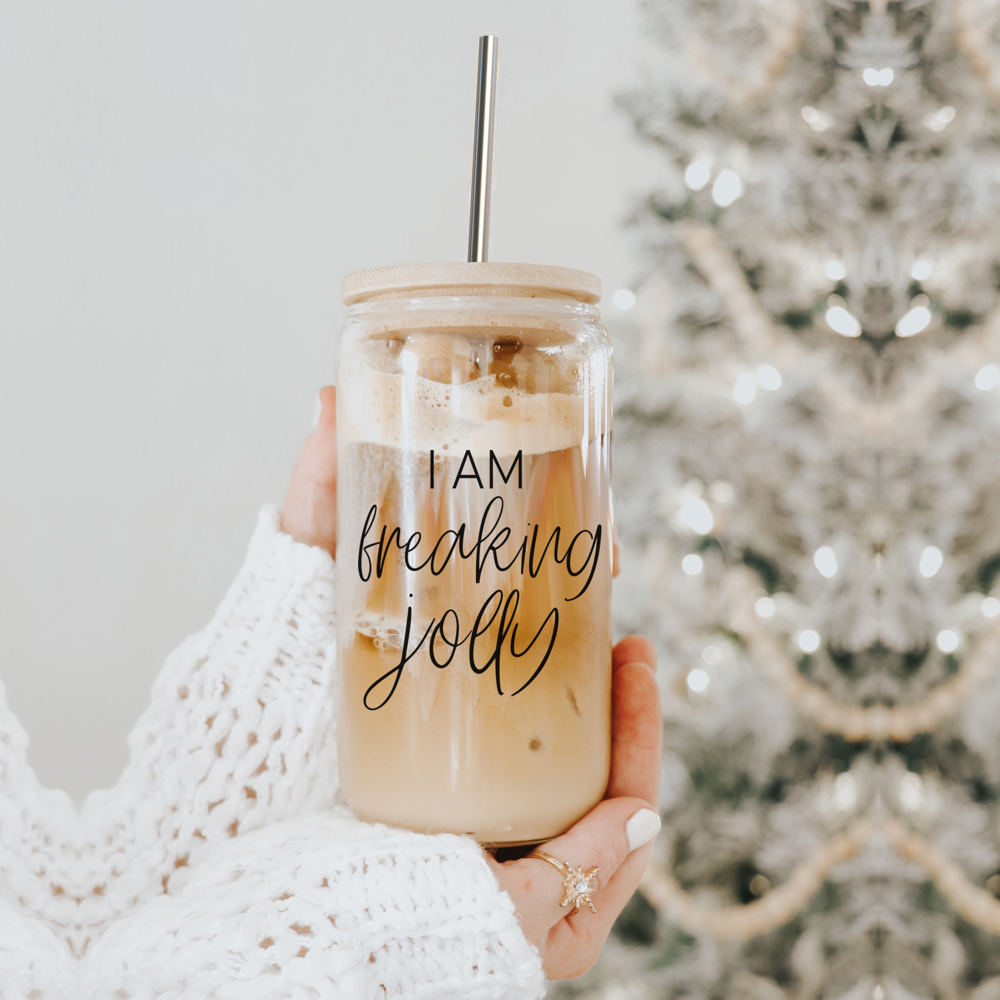 Christmas Glass Cups with Bamboo Lid & Straws, Funny Coffee Mug Gifts