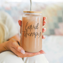 Liquid Therapy Christmas Glass Cups with Bamboo Lid & Straws, Funny Coffee Mug Gifts