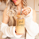 Liquid Therapy Glass Cups with Lid and Straws 2pk | 17oz Funny Glass Tumblers For Moms | Glass Can Cups
