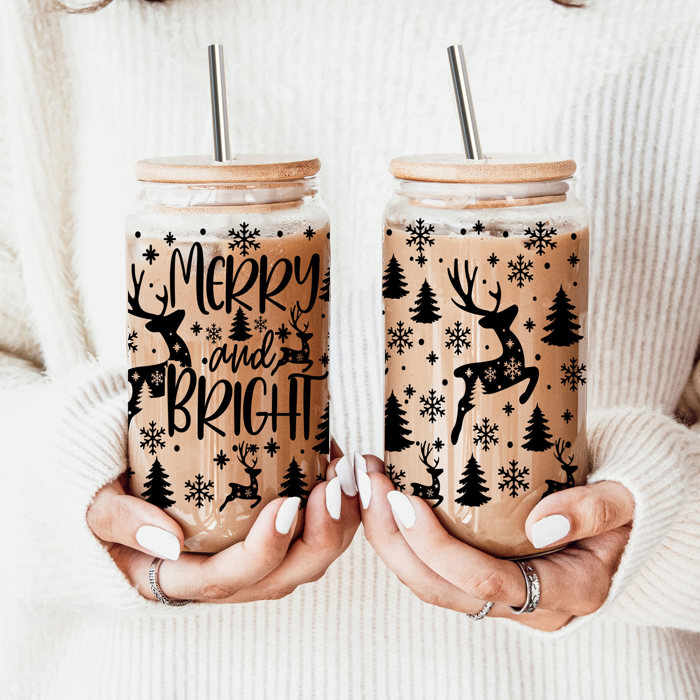 Christmas Glass Tumbler Set 2pk, Modern Cute Holiday Home Decor & Gift Ideas, Glass Coffee Cups with Wood lid and Straws | Glitter Sequin Christmas Cups