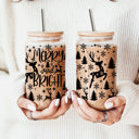 Merry & Bright Christmas Glass Tumbler Set 2pk, Modern Cute Holiday Home Decor & Gift Ideas, Glass Coffee Cups with Wood lid and Straws | Glitter Sequin Christmas Cups