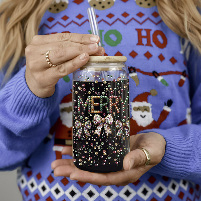 Christmas Glass Tumbler Set 2pk, Modern Cute Holiday Home Decor & Gift Ideas, Glass Coffee Cups with Wood lid and Straws | Glitter Sequin Christmas Cups
