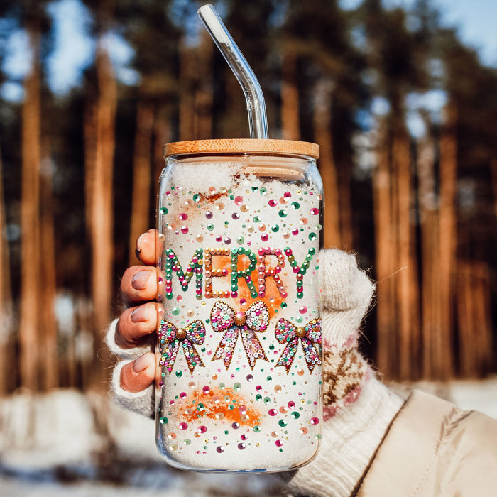 Christmas Glass Tumbler Set 2pk, Modern Cute Holiday Home Decor & Gift Ideas, Glass Coffee Cups with Wood lid and Straws | Glitter Sequin Christmas Cups