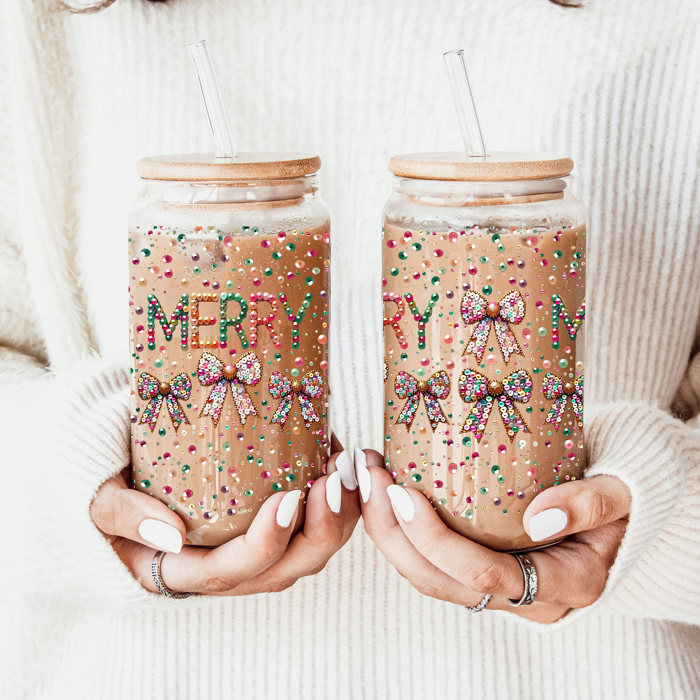 Christmas Glass Tumbler Set 2pk, Modern Cute Holiday Home Decor & Gift Ideas, Glass Coffee Cups with Wood lid and Straws | Glitter Sequin Christmas Cups