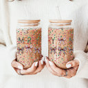 Merry Bows Christmas Glass Tumbler Set 2pk, Modern Cute Holiday Home Decor & Gift Ideas, Glass Coffee Cups with Wood lid and Straws | Glitter Sequin Christmas Cups