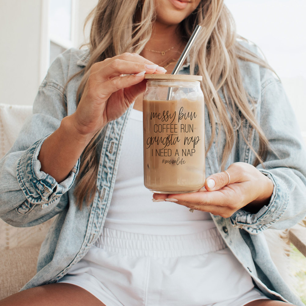 Christmas Glass Cups with Bamboo Lid & Straws, Funny Coffee Mug Gifts