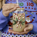 Holly Candy Cane Vintage Santa Christmas Tumblers | Vintage Classic Holiday Glass Tumbler Set | 2 Pack Bundle of Glass Coffee Cups with Lid & Straw | Traditional Santa Claus