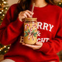  Christmas Kitchen Gifts & Holiday Drinkware Set, 2 Glass Tumblers of Choice, Christmas Glass Coffee Cups with Lid & Straws, Cute, Modern, Funny 