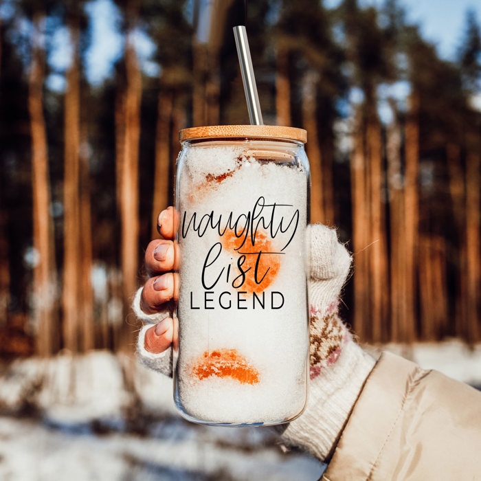Christmas Glass Tumbler Set 2pk, Modern Cute Holiday Home Decor & Gift Ideas, Glass Coffee Cups with Wood lid and Straws | Glitter Sequin Christmas Cups