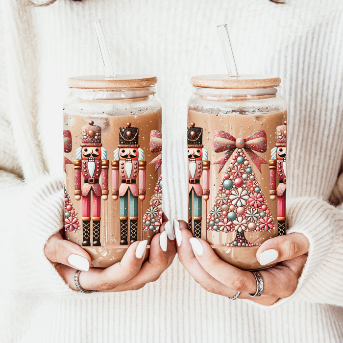 Christmas Kitchen Gifts & Holiday Drinkware Set, 2 Glass Tumblers of Choice, Christmas Glass Coffee Cups with Lid & Straws, Cute, Modern, Funny 
