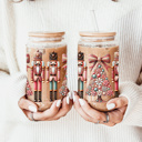 Nutcracker Glam Christmas Kitchen Gifts & Holiday Drinkware Set, 2 Glass Tumblers of Choice, Christmas Glass Coffee Cups with Lid & Straws, Cute, Modern, Funny 