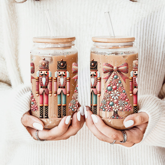 Christmas Glass Tumbler Set 2pk, Modern Cute Holiday Home Decor & Gift Ideas, Glass Coffee Cups with Wood lid and Straws | Glitter Sequin Christmas Cups