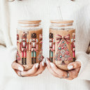 Nutcracker Glam Christmas Glass Tumbler Set 2pk, Modern Cute Holiday Home Decor & Gift Ideas, Glass Coffee Cups with Wood lid and Straws | Glitter Sequin Christmas Cups