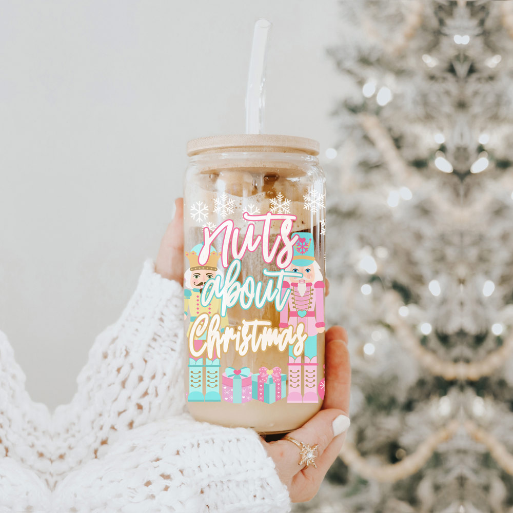 Christmas Glass Cups with Bamboo Lid & Straws, Funny Coffee Mug Gifts