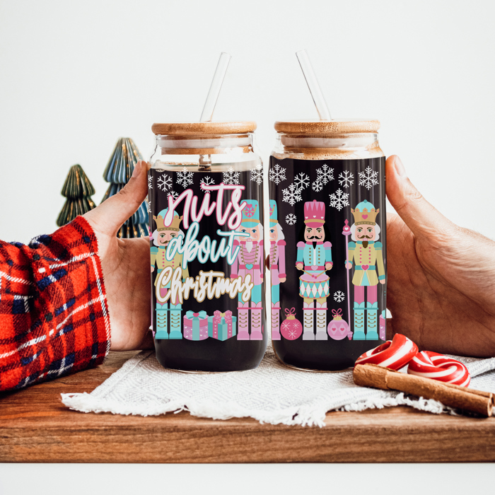 Christmas Glass Tumbler Set 2pk, Modern Cute Holiday Home Decor & Gift Ideas, Glass Coffee Cups with Wood lid and Straws | Glitter Sequin Christmas Cups