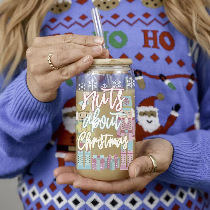 Christmas Glass Tumbler Set 2pk, Modern Cute Holiday Home Decor & Gift Ideas, Glass Coffee Cups with Wood lid and Straws | Glitter Sequin Christmas Cups