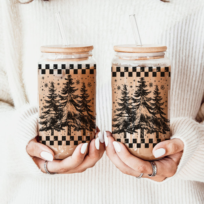 Christmas Glass Tumbler Set 2pk, Modern Cute Holiday Home Decor & Gift Ideas, Glass Coffee Cups with Wood lid and Straws | Glitter Sequin Christmas Cups