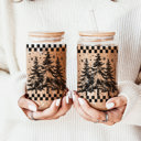Retro Trees Christmas Glass Tumbler Set 2pk, Modern Cute Holiday Home Decor & Gift Ideas, Glass Coffee Cups with Wood lid and Straws | Glitter Sequin Christmas Cups
