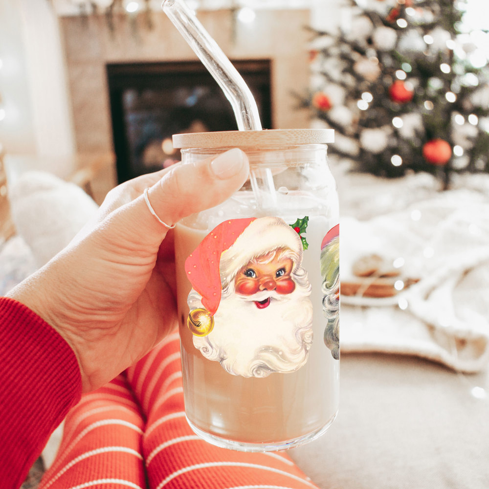 Christmas Glass Cups with Bamboo Lid & Straws, Funny Coffee Mug Gifts