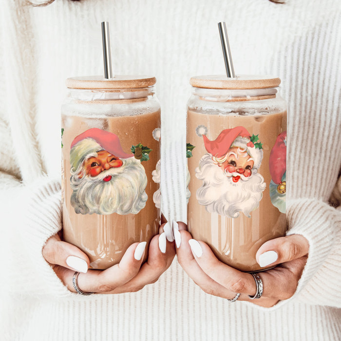 Christmas Glass Tumbler Set 2pk, Modern Cute Holiday Home Decor & Gift Ideas, Glass Coffee Cups with Wood lid and Straws | Glitter Sequin Christmas Cups