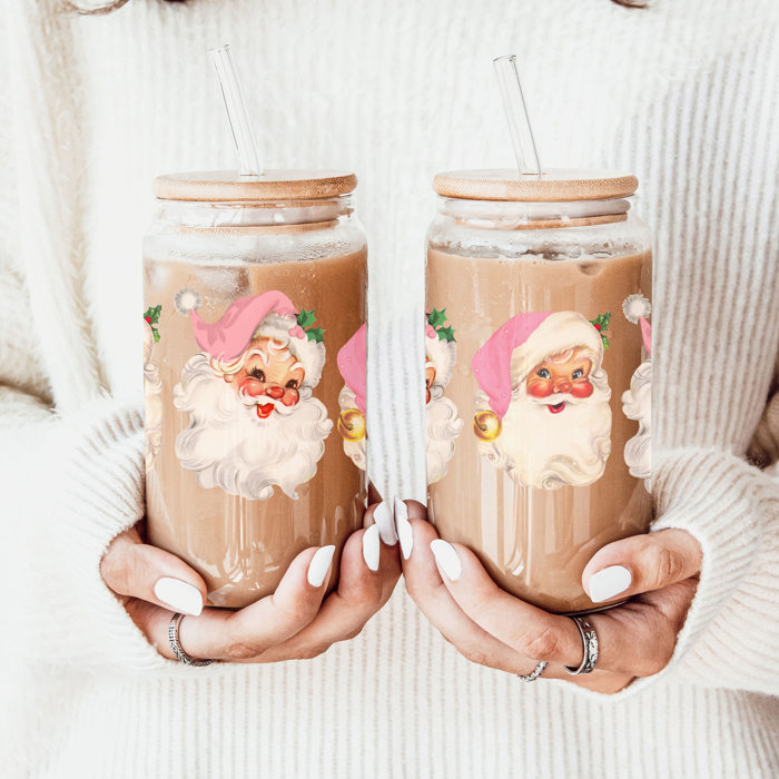 Christmas Glass Tumbler Set 2pk, Modern Cute Holiday Home Decor & Gift Ideas, Glass Coffee Cups with Wood lid and Straws | Glitter Sequin Christmas Cups
