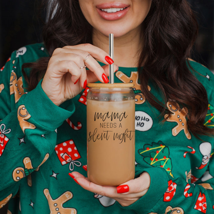 Christmas Glass Tumbler Set 2pk, Modern Cute Holiday Home Decor & Gift Ideas, Glass Coffee Cups with Wood lid and Straws | Glitter Sequin Christmas Cups