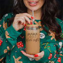  Christmas Glass Tumbler Set 2pk, Modern Cute Holiday Home Decor & Gift Ideas, Glass Coffee Cups with Wood lid and Straws | Glitter Sequin Christmas Cups