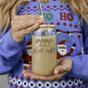 Silent Night Christmas Glass Tumbler Set 2pk, Modern Cute Holiday Home Decor & Gift Ideas, Glass Coffee Cups with Wood lid and Straws | Glitter Sequin Christmas Cups